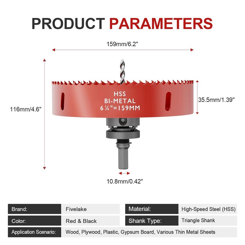 FIVELAKE 6.25" (159mm) Bi-Metal M42 High Speed Steel Hole Saw with Pilot Drill Bit, Smooth Cutting Edge for PVC, Drywall, Wood, Plastic, Gypsum Board, Rubber, Thin Metal - Image 4